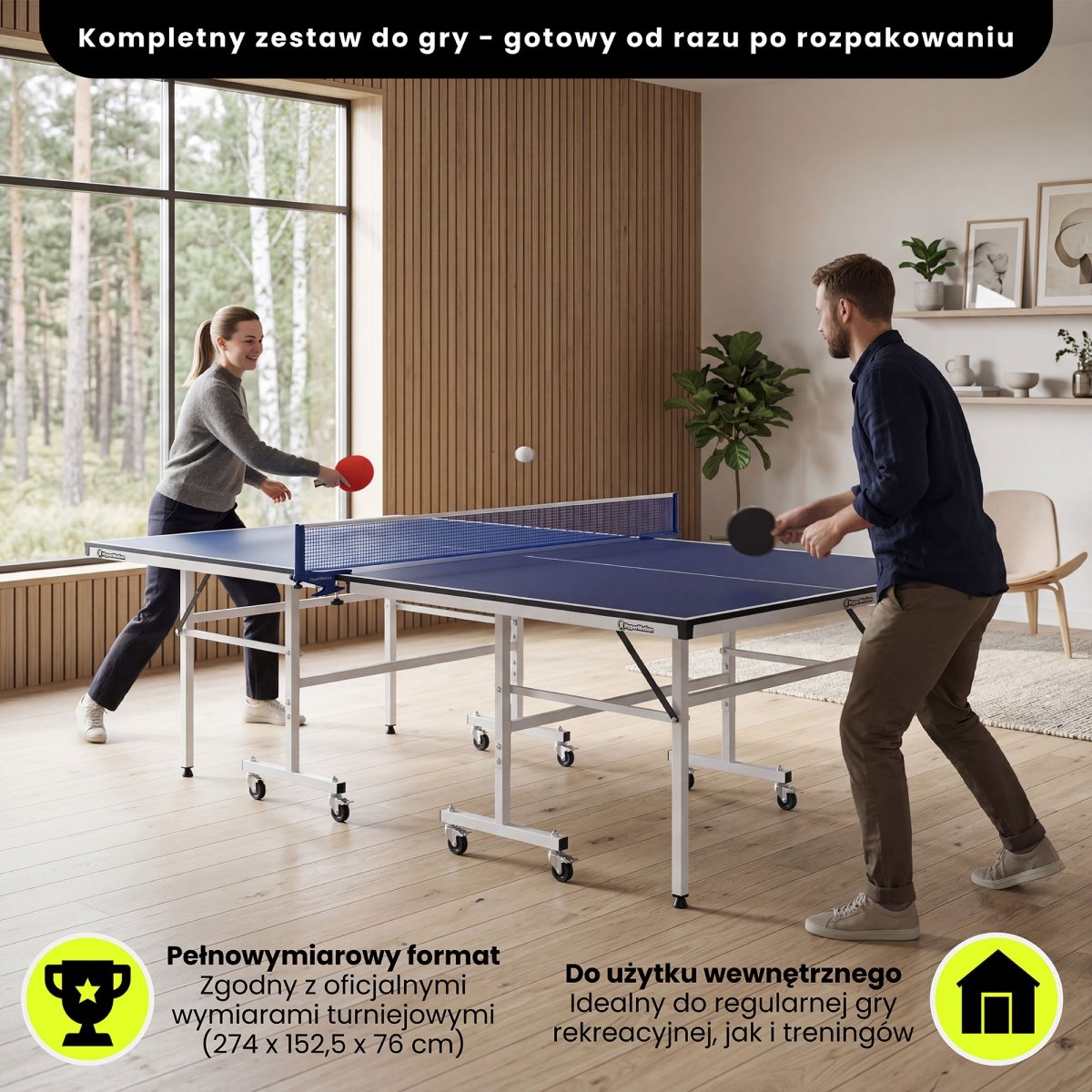 Składany stół do ping ponga na kółkach, Tenis stołowy HyperMotion – pełnowymiarowy 274 x 152,5 x 76 cm