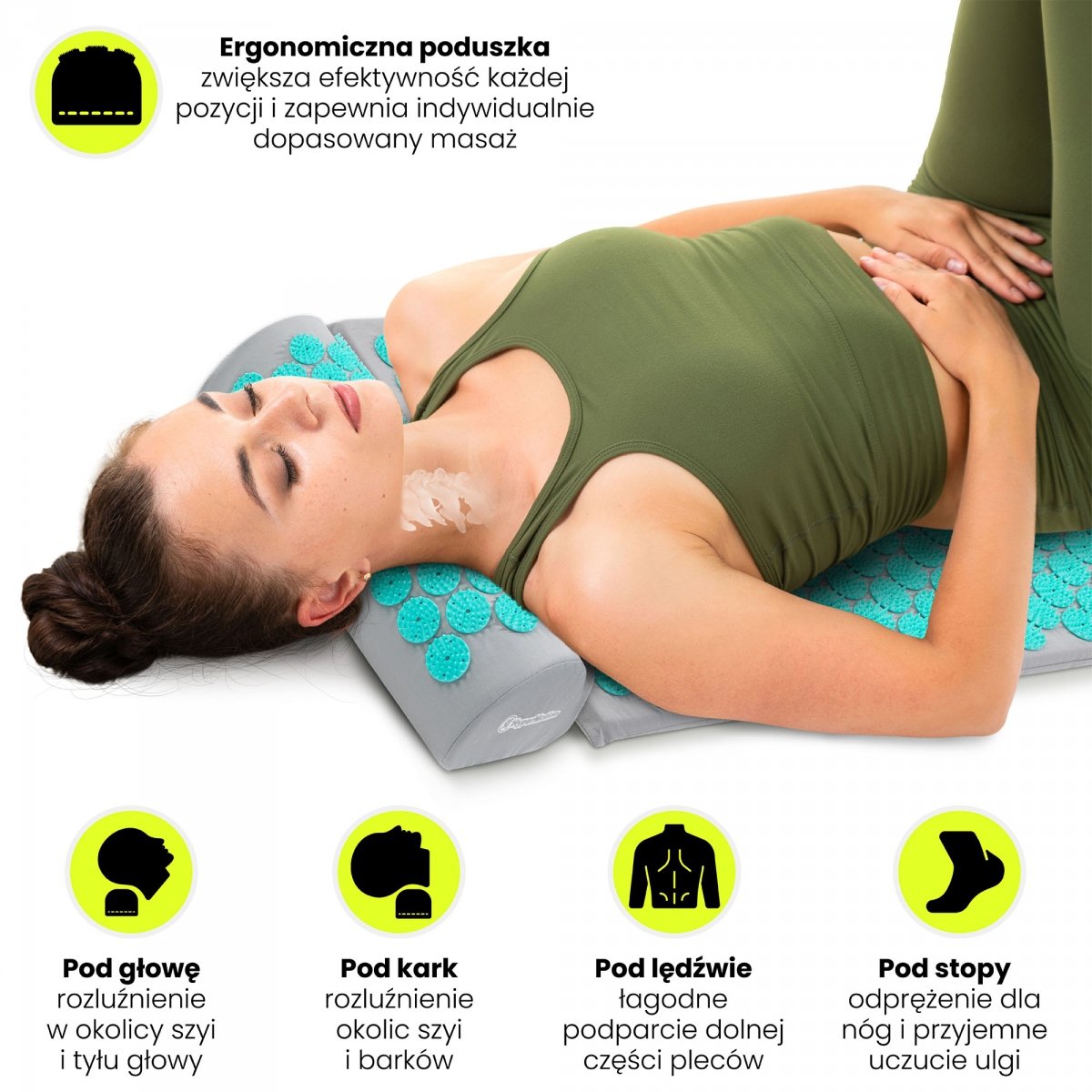 Mata do akupresury z poduszką i pokrowcem - 72 cm HyperMotion szaro-miętowa