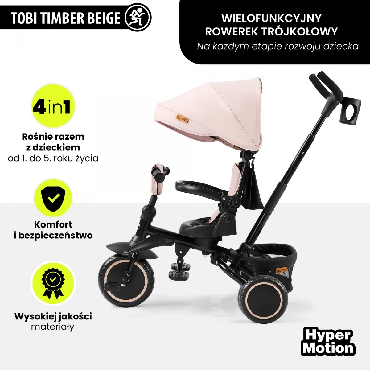 Rowerek trójkołowy HyperMotion TOBI TIMBER – składany, wielofunkcyjny, beżowy