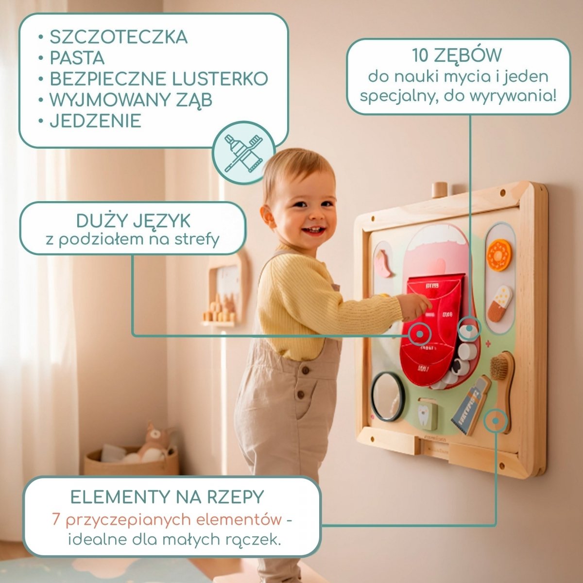 Drewniana tablica edukacyjna Montessori Mały Dentysta - szczoteczka, pasta, wyjmowane zęby, lusterko, jedzenie, nauka smaków