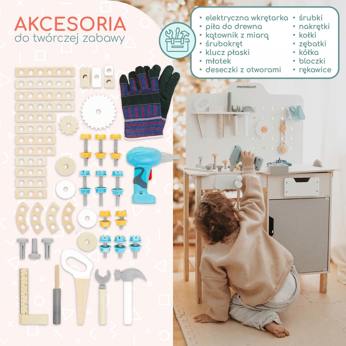 Duży drewniany warsztat z narzędziami XXL - zestaw majsterkowicza, 74 elementy