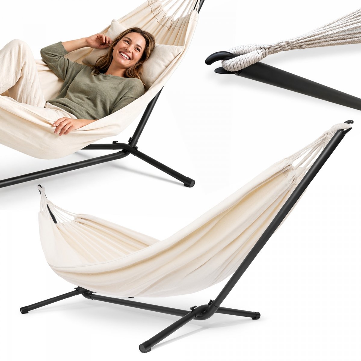 Zestaw hamak ogrodowy + stelaż metalowy – gotowa strefa relaksu