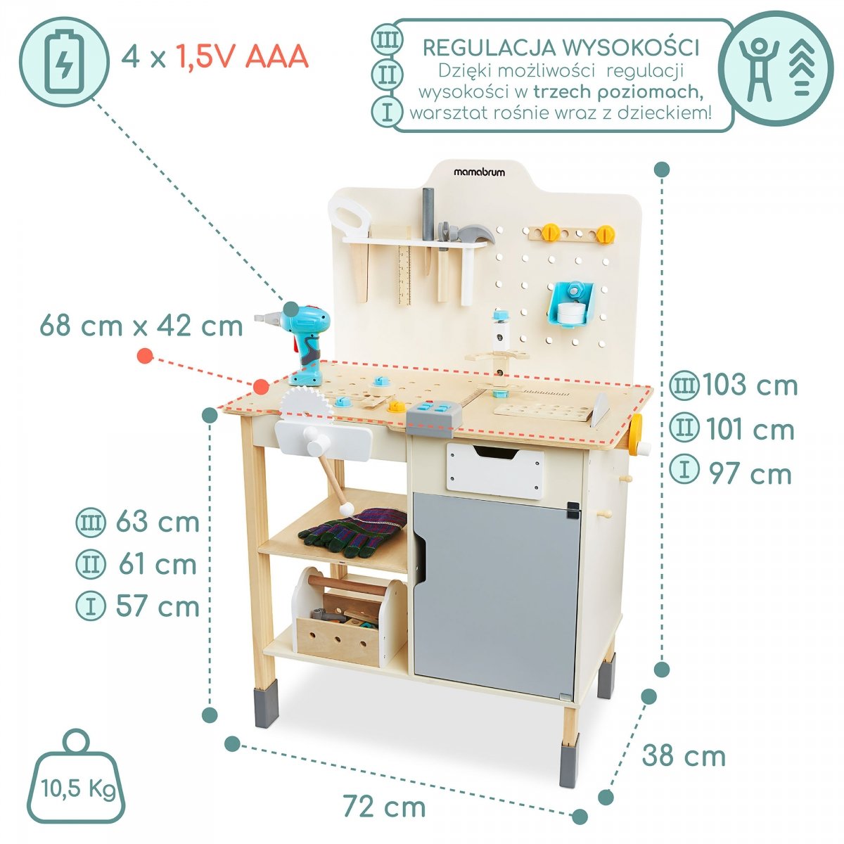Duży drewniany warsztat z narzędziami XXL - zestaw majsterkowicza, 74 elementy