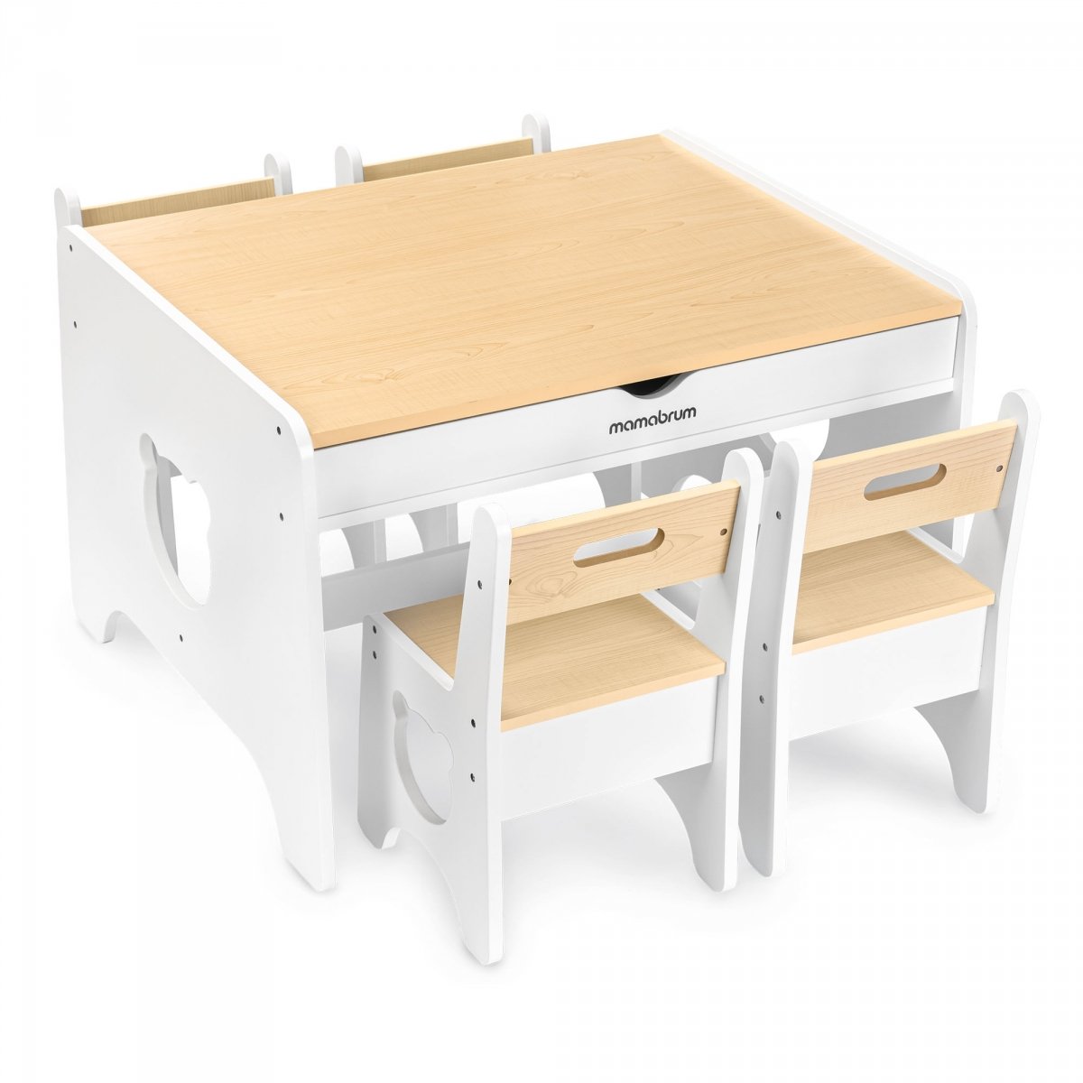 Duży zestaw mebli dla dzieci - biały, drewniany stolik - biurko, dwie szuflady + 4 krzesełka - Miś