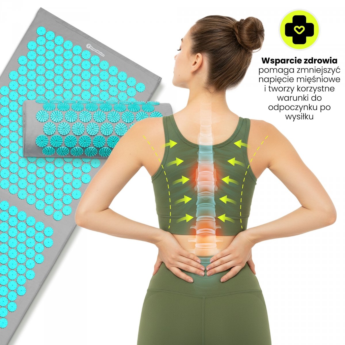Duża mata do akupresury z poduszką i pokrowcem - 130 cm HyperMotion szaro-miętowa