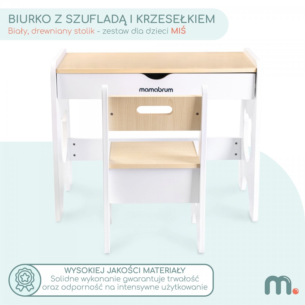 Zestaw dla dzieci - biały, drewniany stolik - biurko z szufladą i krzesełkiem - Miś