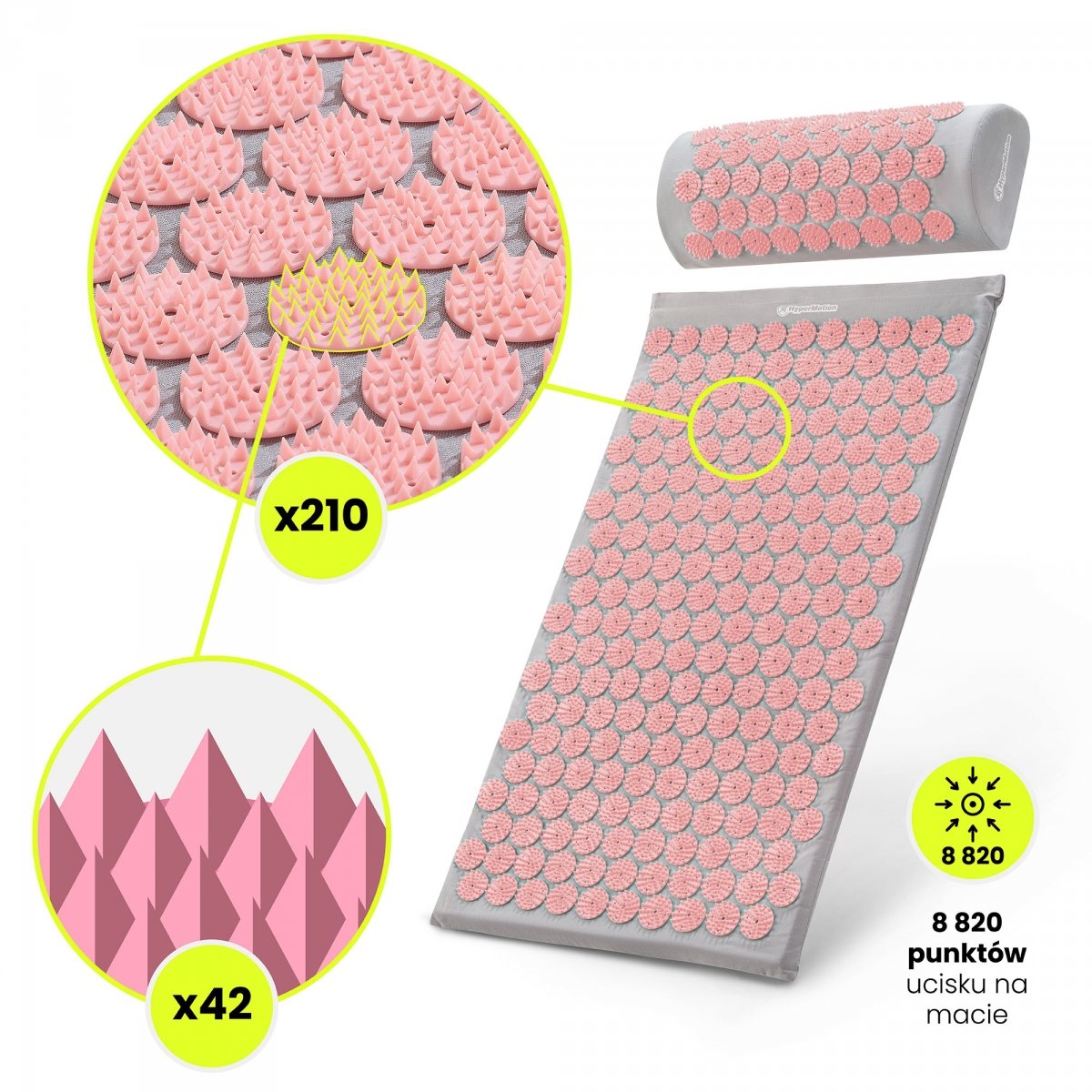 Mata do akupresury z poduszką i pokrowcem - 72 cm HyperMotion szaro-różowa