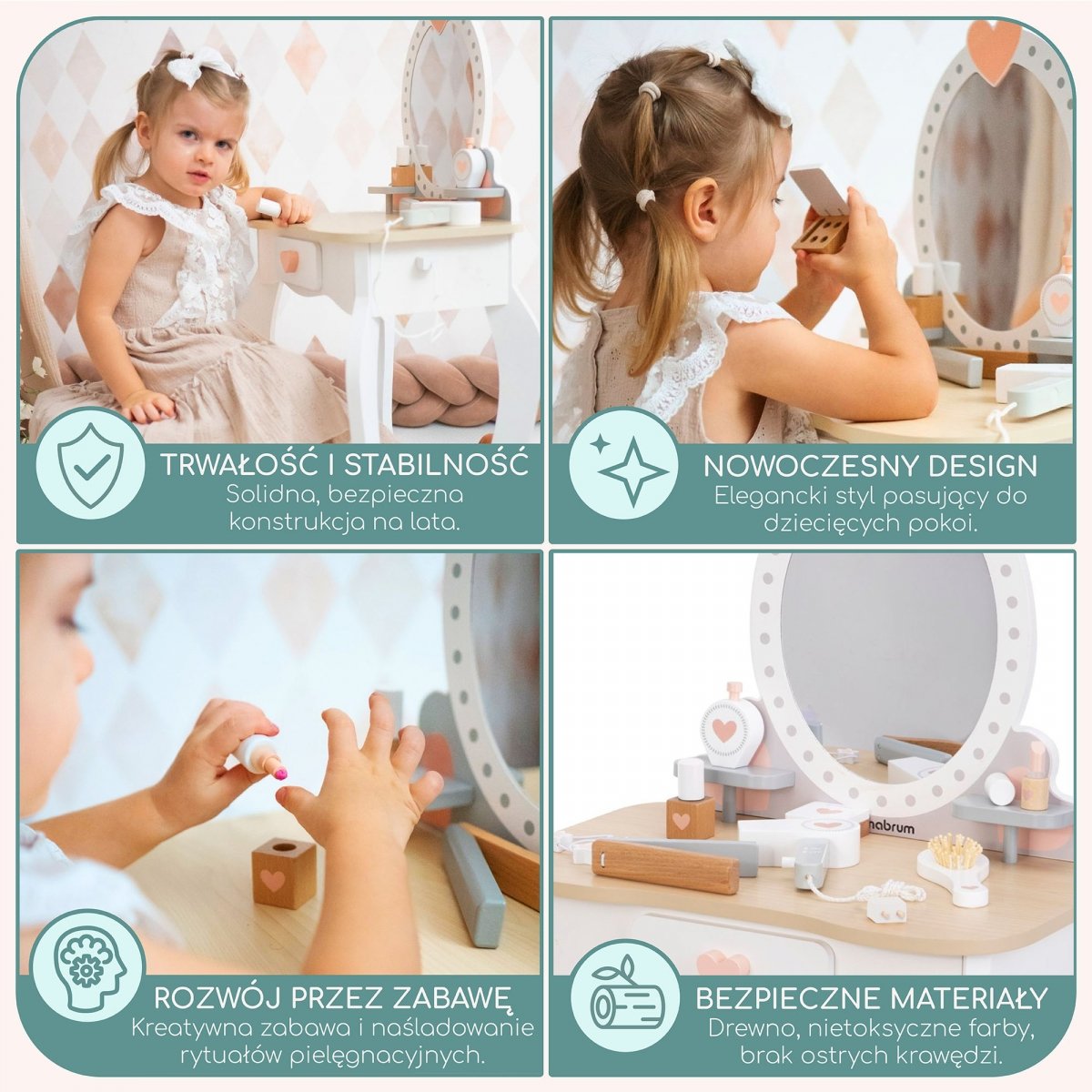 Drewniana toaletka z taboretem i akcesoriami