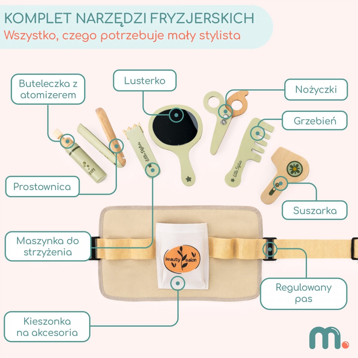 Drewniany zestaw fryzjerski dla dzieci + pas na akcesoria