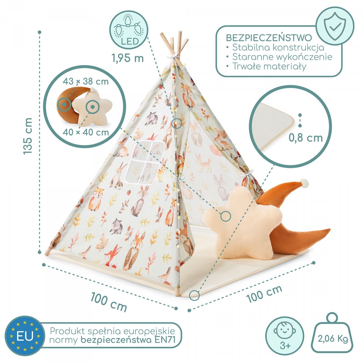 Tipi - namiot dla dziecka do pokoju z dywanem, poduszkami i światełkami LED - 135cm