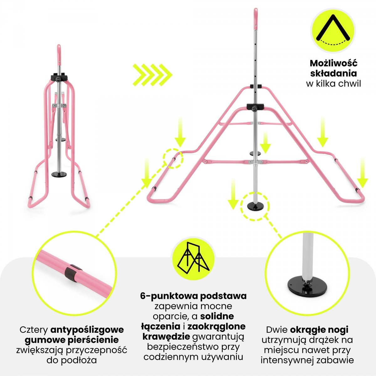 Regulowany drążek gimnastyczny dla dzieci - składany HyperMotion różowy