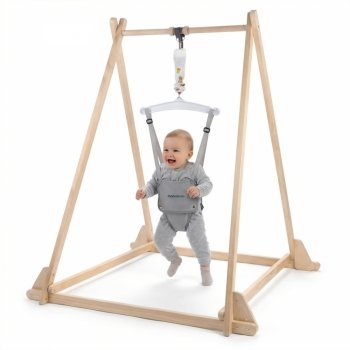 Drewniany skoczek dla dziecka ze stojakiem i regulowanym siedziskiem – jumper dla niemowląt 