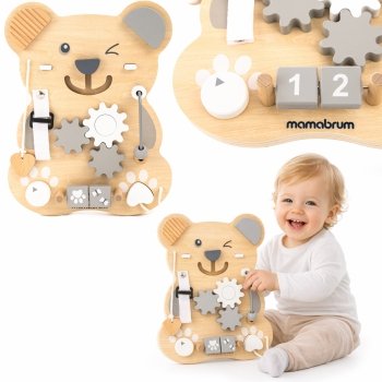 Drewniana tablica manipulacyjna Montessori 10 w 1 sensoryczna, edukacyjna - Miś 