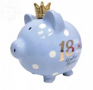 Skarbonka świnka niebieska premium 18 kasa na marzenia Wszystkiego Najlepszego