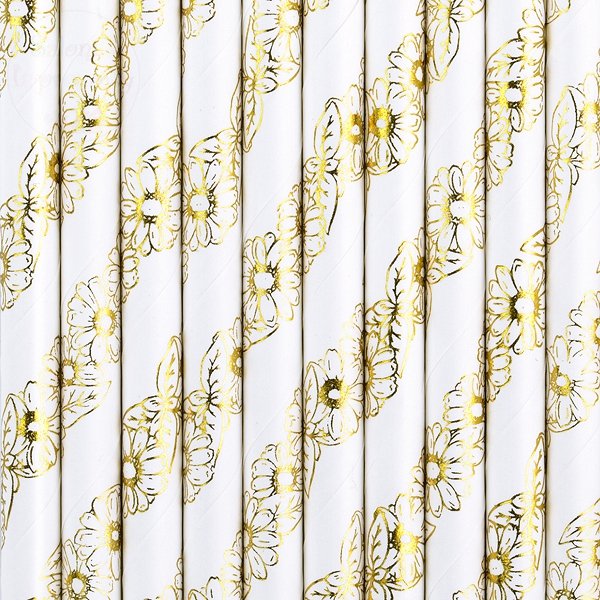 Słomki papierowe białe w  złote kwiatuszki 10szt