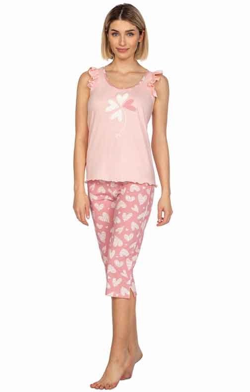 Różowa piżama damska z koszulką na ramiączkach i  rybaczkami Regina 658