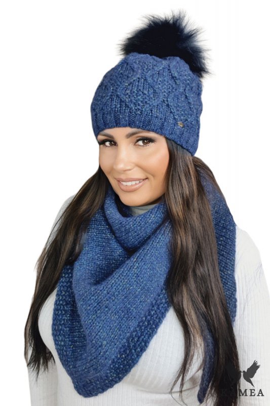 FREZJA- NATURAL POMPON czapka damska merino wool kolor niebieski - Kamea