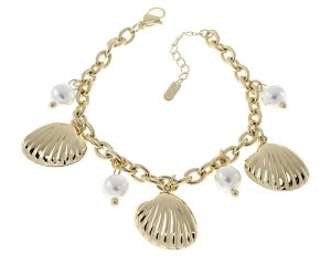 626 Bransoletka elegancka złota 17+3cm pozłacana 14k muszelki perły