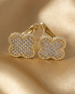 3788 Kolczyki złote pozłacane wiszące 14K cyrkonie koniczyna marokańska