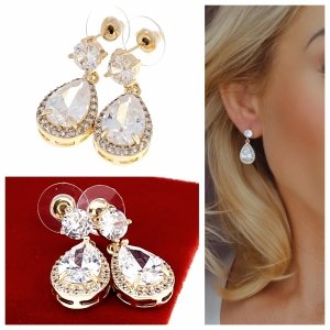 3823 Kolczyki złote pozłacane wiszące 14K cyrkonie Viki Lady 