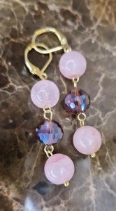 1736i Kolczyki złote kwarc różowy kamień naturalny stal chirurgiczna wiszące 