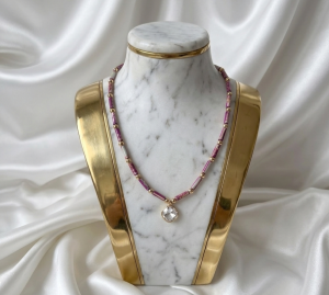 2329h Naszyjnik jaspis cesarski kamień naturalny 44+5cm stal chirurgiczna nierdzewna