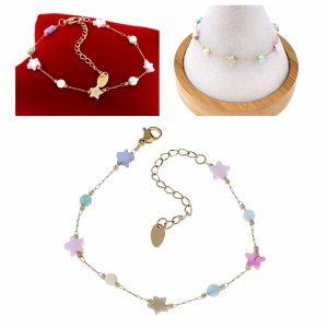 2097 Bransoletka złota 17+5 stal chirurgiczna celebrytka masa perłowa gwiazdki