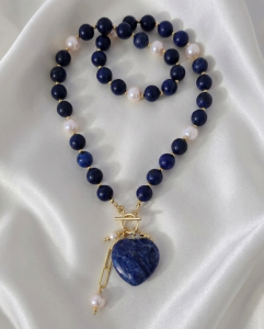 598f Naszyjnik lapis lazuli, perły kamień naturalny 53cm stal chirurgiczna nierdzewna 