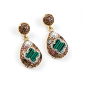 1587c Kolczyki złote pozłacane wiszące 14K malachit kamień naturalny