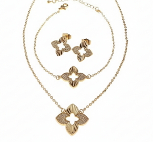 op15 Komplet kolczyki, naszyjnik 45+5cm, bransoletka, pierścionek pozłacany 18k