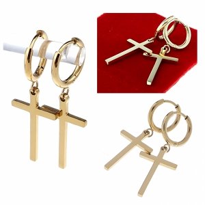 1107 Kolczyki złote stal chirurgiczna 316L nierdzewna wiszące celebrytki krzyż