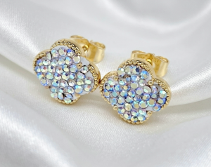 1880 Kolczyki złote pozłacane wtyczki 14K cyrkonie koniczyna marokańska