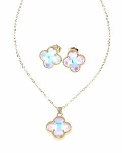 0327 Komplet złoty pozłacany 14k kolczyki, łańcuszek 45+5cm koniczyna marokańska