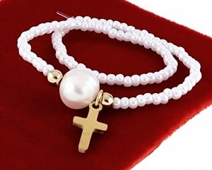 1221d Bransoletka koraliki stal chirurgiczna na gumce jubilerskiej kryształki perła krzyżyk 