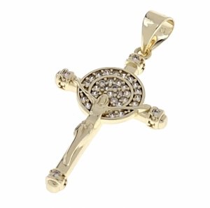 1932i Złota zawieszka błyszcząca pozłacana 14k cyrkonie krzyż