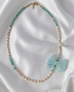 598k Naszyjnik naturalny kamień amazonit, perły 45+5cm stal chirurgiczna 316L nierdzewna