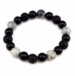 842a Bransoletka na gumce lawa wulkaniczna, jaspis, onyks kamień naturalny
