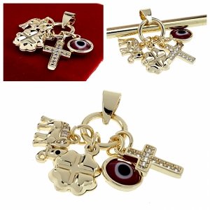 2020c Złota zawieszka błyszcząca pozłacana 14k słoń koniczyna krzyż