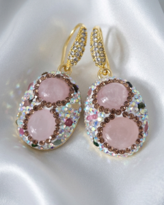 3727a Kolczyki złote kamień kwarc różowy pozłacane 14K kamień naturalny wiszące