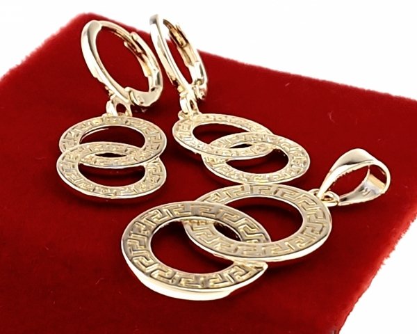 4278 Komplet złoty pozłacany 14k kolczyki zawieszka wzór grecki