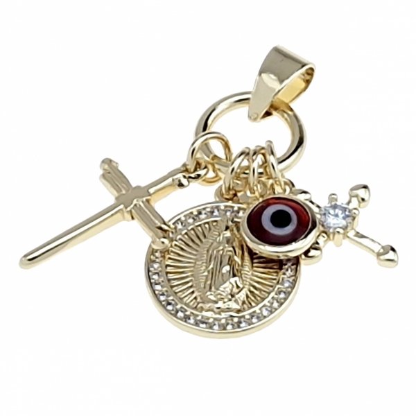 1879c Złota zawieszka błyszcząca pozłacana 14k serce krzyż oko proroka