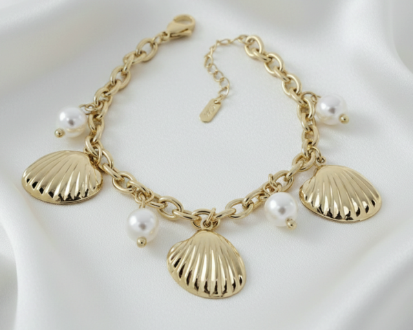 626 Bransoletka elegancka złota 17+3cm pozłacana 14k muszelki perły