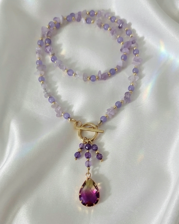 3722i Naszyjnik ametyst lawendowy kamień naturalny 41cm stal chirurgiczna nierdzewna 