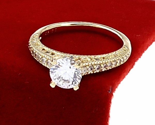p10 Pierścionek złoty zaręczynowy błyszczący cyrkonie pozłacany 14k