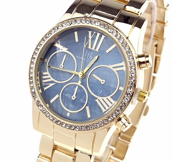 2570 Ekskluzywny damski złoty zegarek błyszczący klasyk cyrkonie