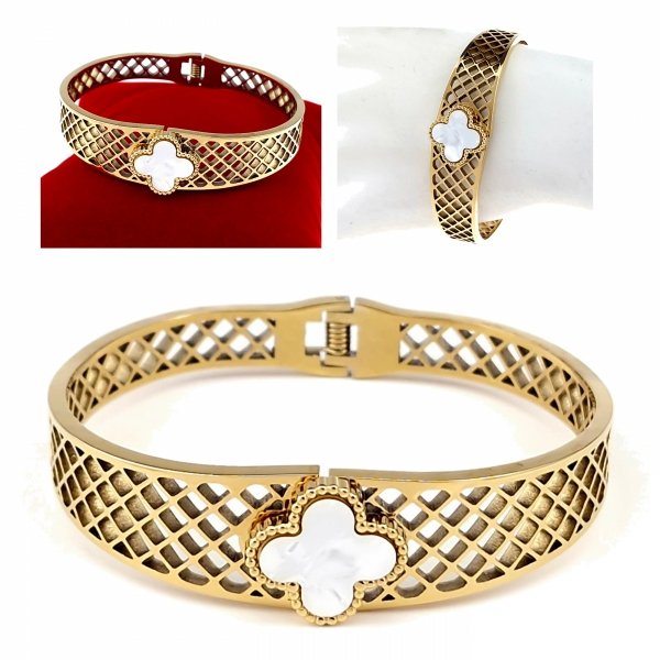 sz163 Bransoletka złota 6,5cm stal chirurgiczna bangla 316L koniczyna marokańska
