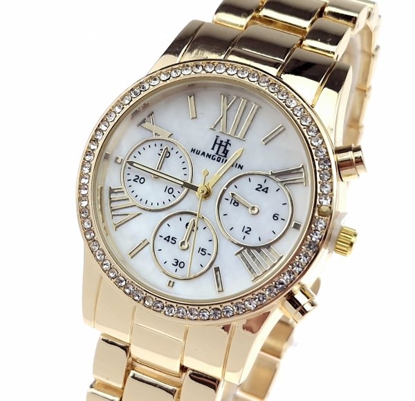 0191 Ekskluzywny damski złoty zegarek błyszczący klasyk cyrkonie