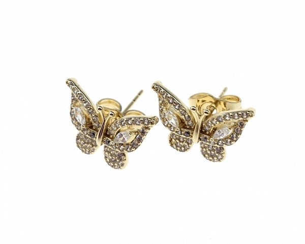 sz155 Kolczyki złote pozłacane wtyczki 14K cyrkonie motyl