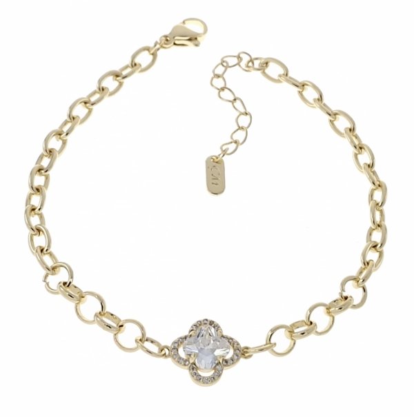 841 Bransoletka elegancka złota 17+3cm pozłacana 14k cyrkonie koniczyna marokańska