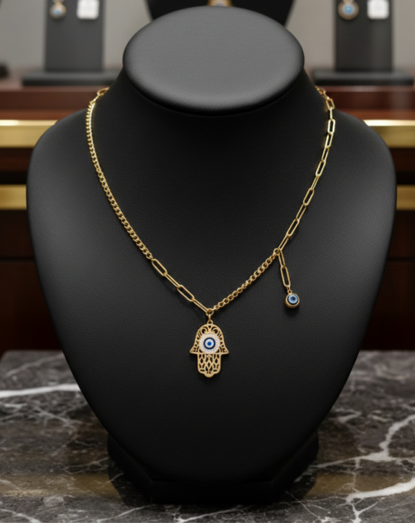 1847j Złoty łańcuszek 40+5cm naszyjnik stal chirurgiczna nierdzewna 316L ręka Fatimy